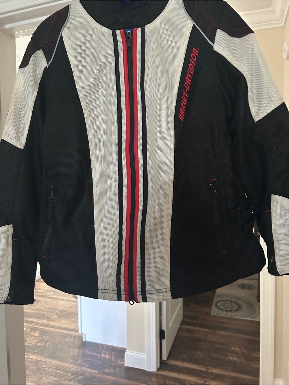 Harley-Davidson Women’s Black & White Mesh Riding Jacket with Red Accents